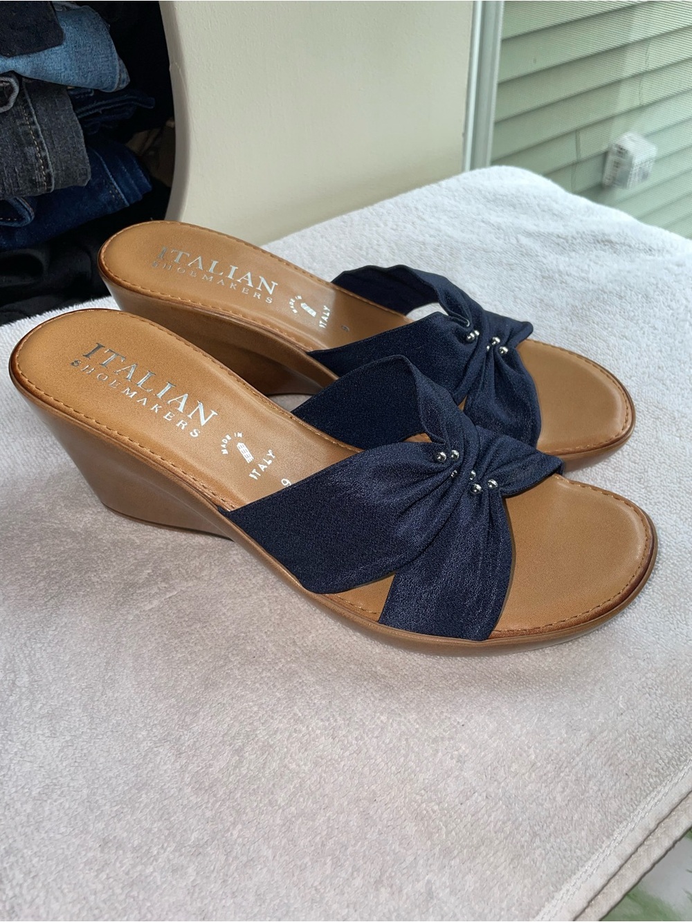 Italian Shoemakers Navy Knotted Wedge Slide Sandals with Tan Footbed